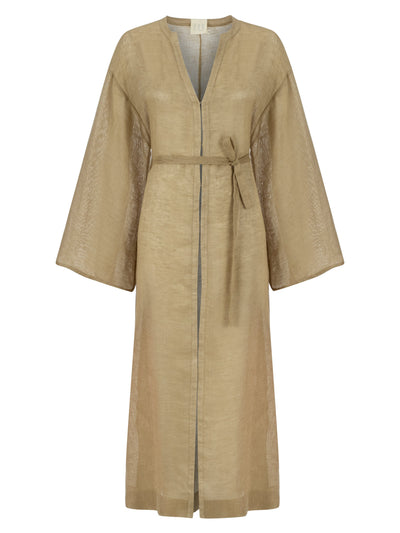 Deep Water Keten Kimono Elbise - Kum Rengi