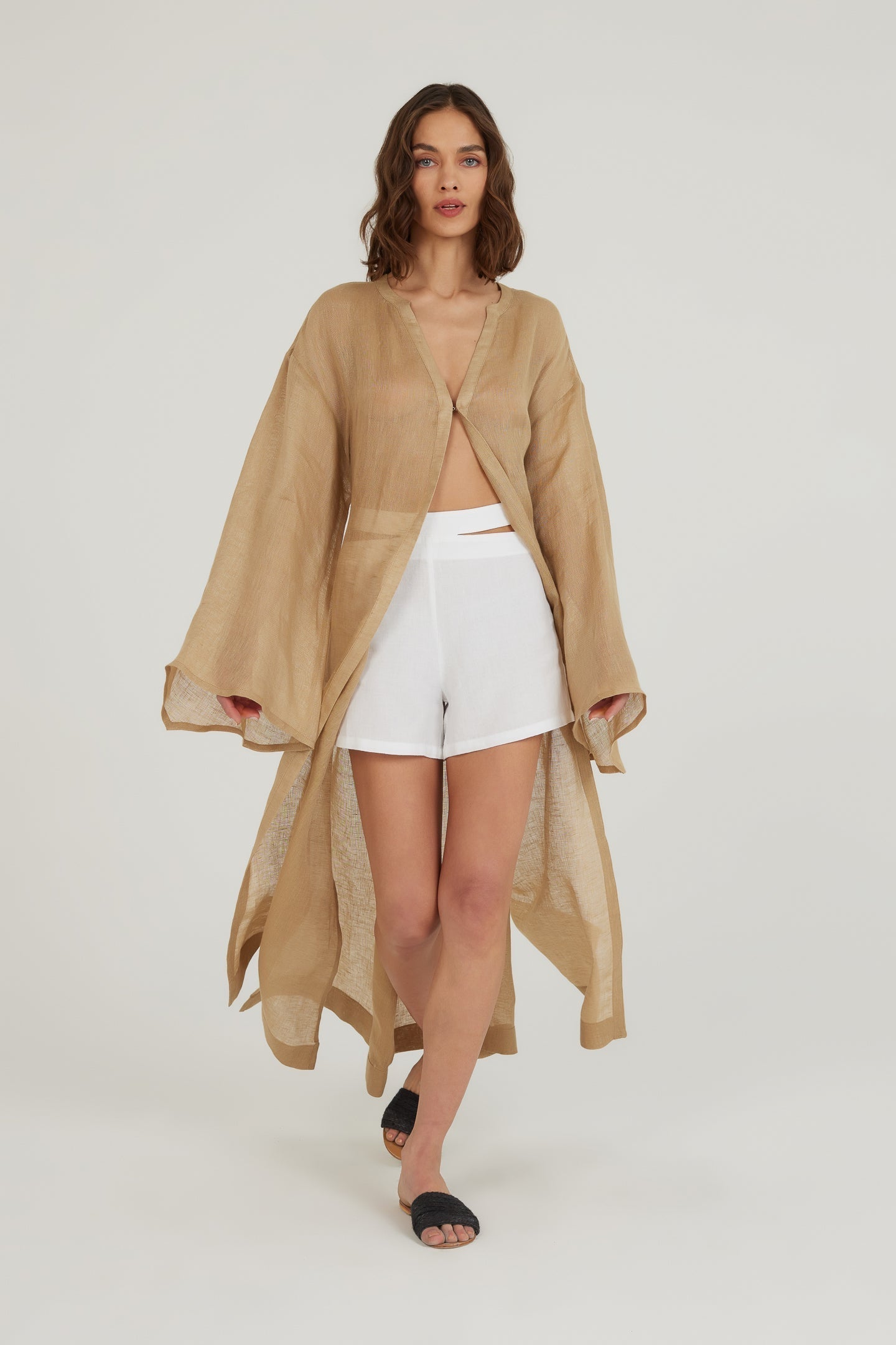 Deep Water Keten Kimono Elbise - Kum Rengi ürün detayı 7 | Dor Raw Luxury