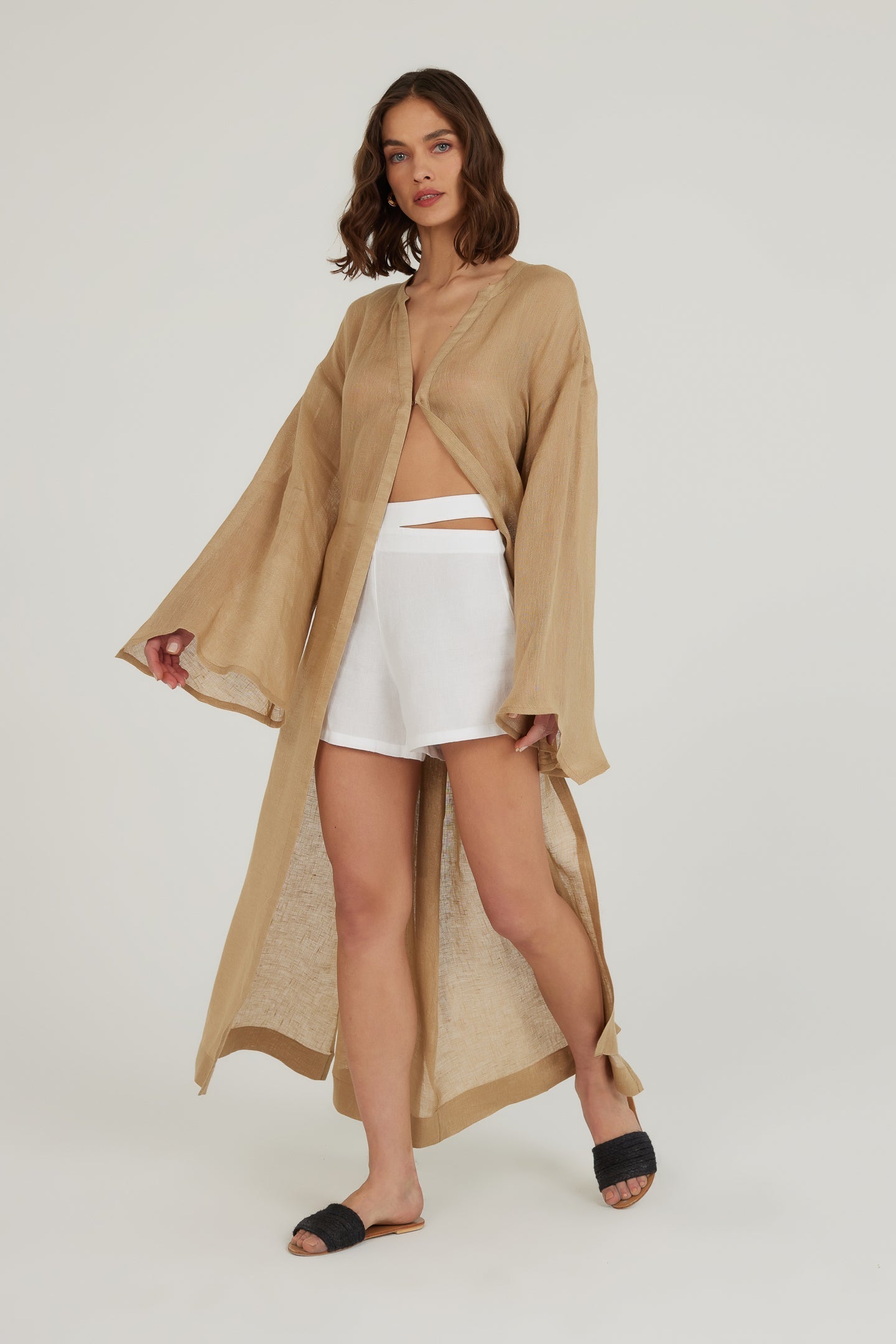 Deep Water Keten Kimono Elbise - Kum Rengi ürün detayı 6 | Dor Raw Luxury