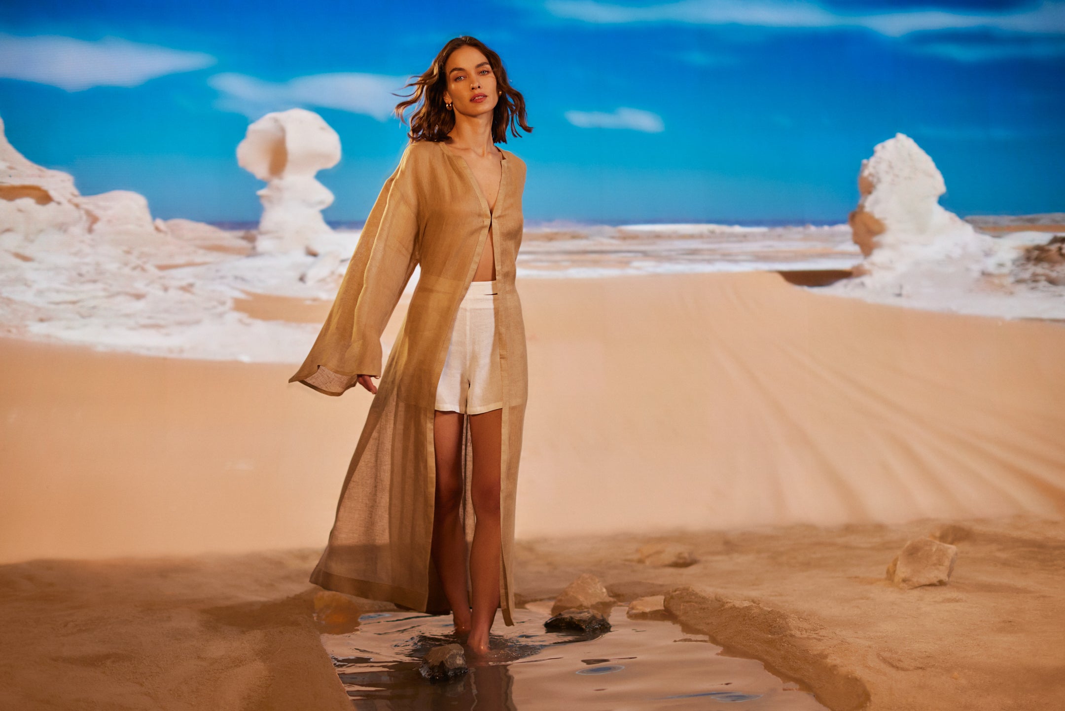 Deep Water Keten Kimono Elbise - Kum Rengi ürün detayı 8 | Dor Raw Luxury